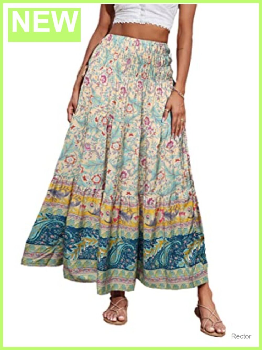 Women Floral A Line Maxi Skirt Elastic High Waist Boho Beach Flowy Ruffle Hem